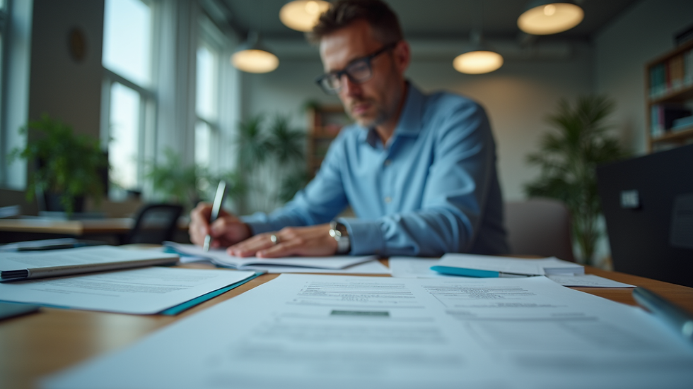 Eye-level view of investigator reviewing documents in an office