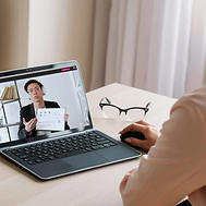 computer-based meeting. Tutor on screen; arm of person watching screen