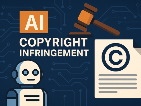 Flat design illustration showing a robot, a judge’s gavel, and a copyright document next to the words ‘AI Copyright Infringement,’ symbolizing legal concerns over AI-generated content and intellectual property rights.