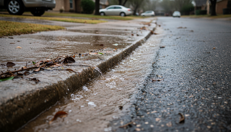 Close-up view of rainwater running along a curb after a dry spell