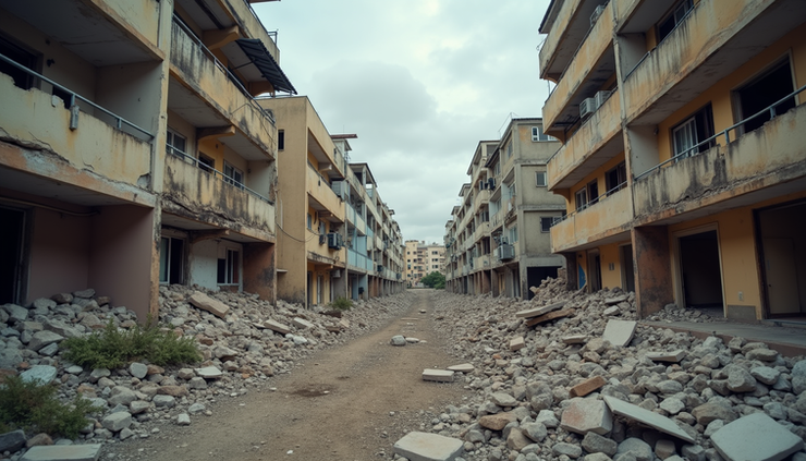 Eye-level view of damaged residential buildings in Venezuela after the earthquake