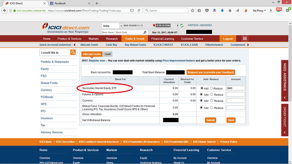 step 2 allocating fund to trade in icici direct