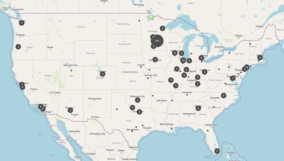 Map of the continental United States with circles noting the top locations students attend graduate school