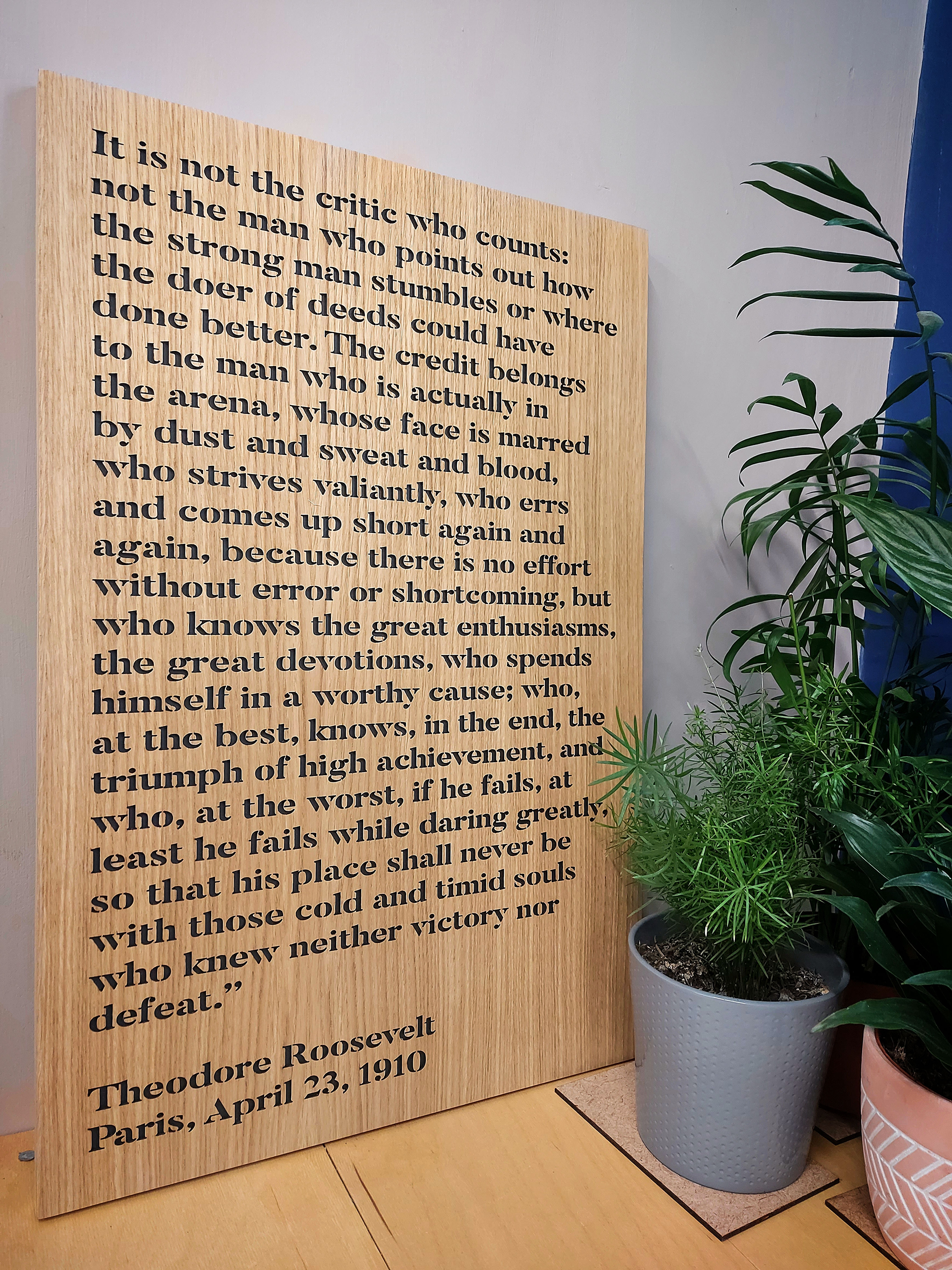 It is not the critic who counts: Theodore Roosevelt cut oak sign