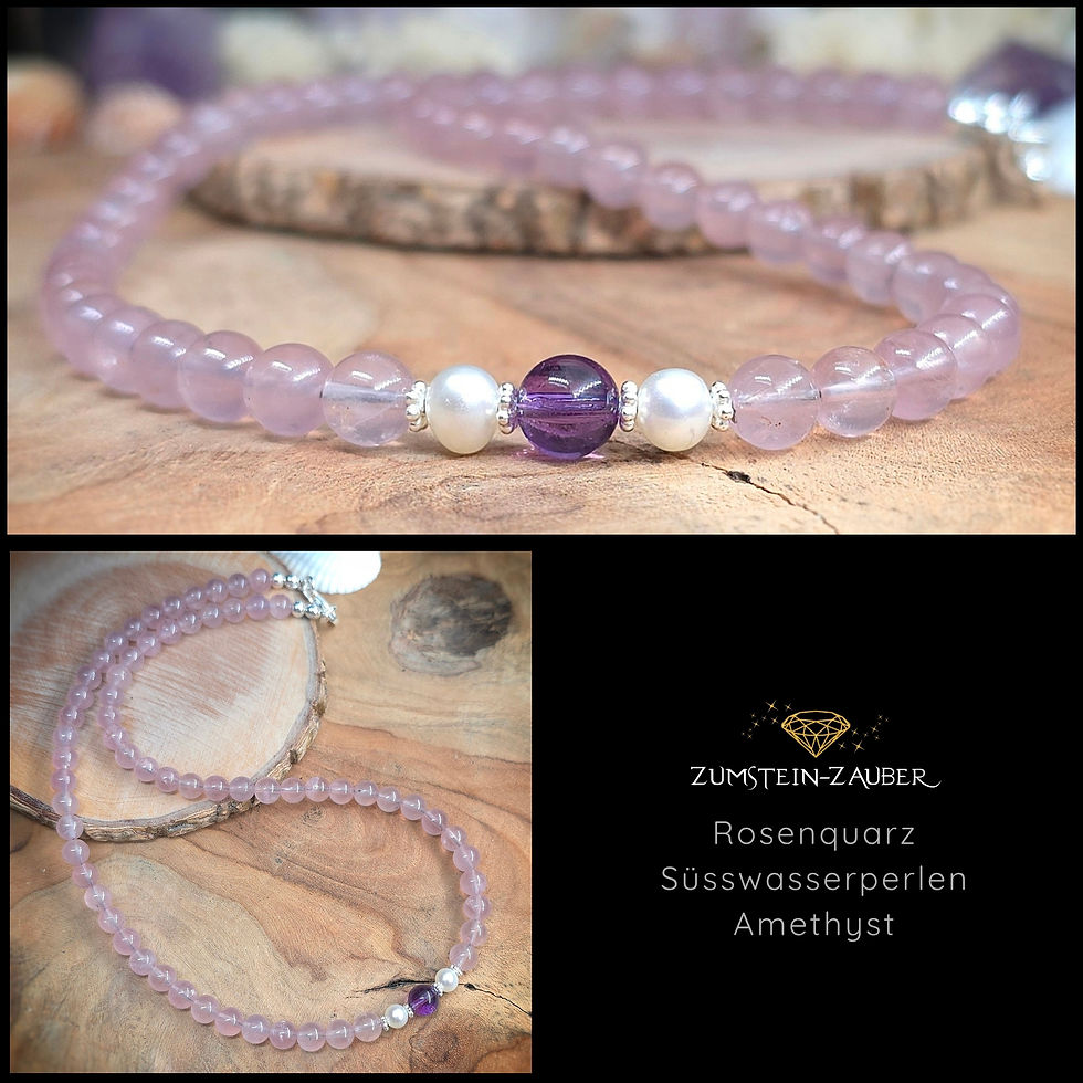 Halskette Rosenquarz, süsswasserperlen und Amethyst