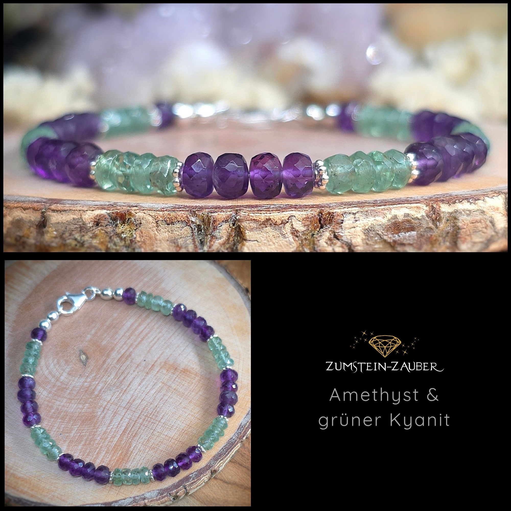 Armband Unikat Amethyst und grüner Kyanit