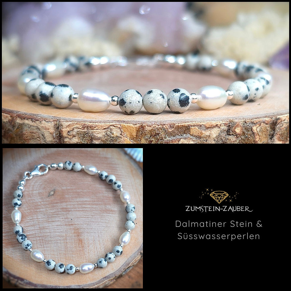 Armband Dalmatiner Stein und Süsswasserperlen auf Draht
