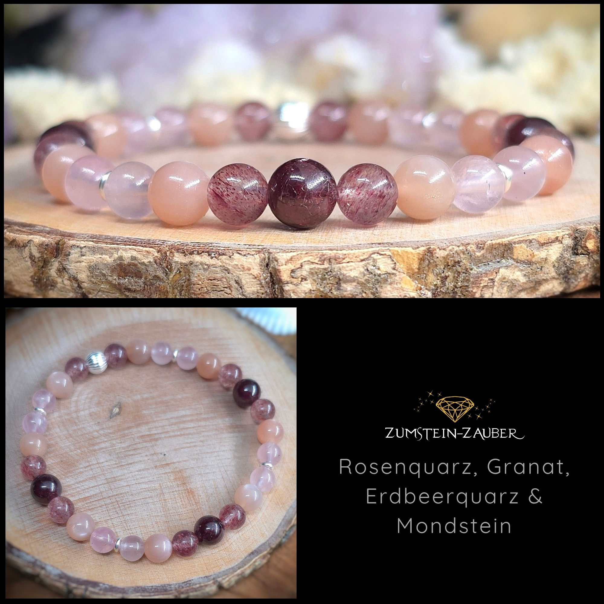 Armband Rosenquarz, Granat, Erdbeerquarz & Mondstein