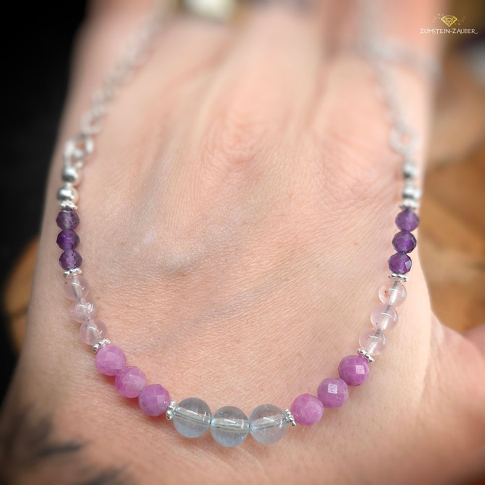 Miniaturbild: Halskette Aquamarin, pink Saphir, Rosenquarz, Amethyst