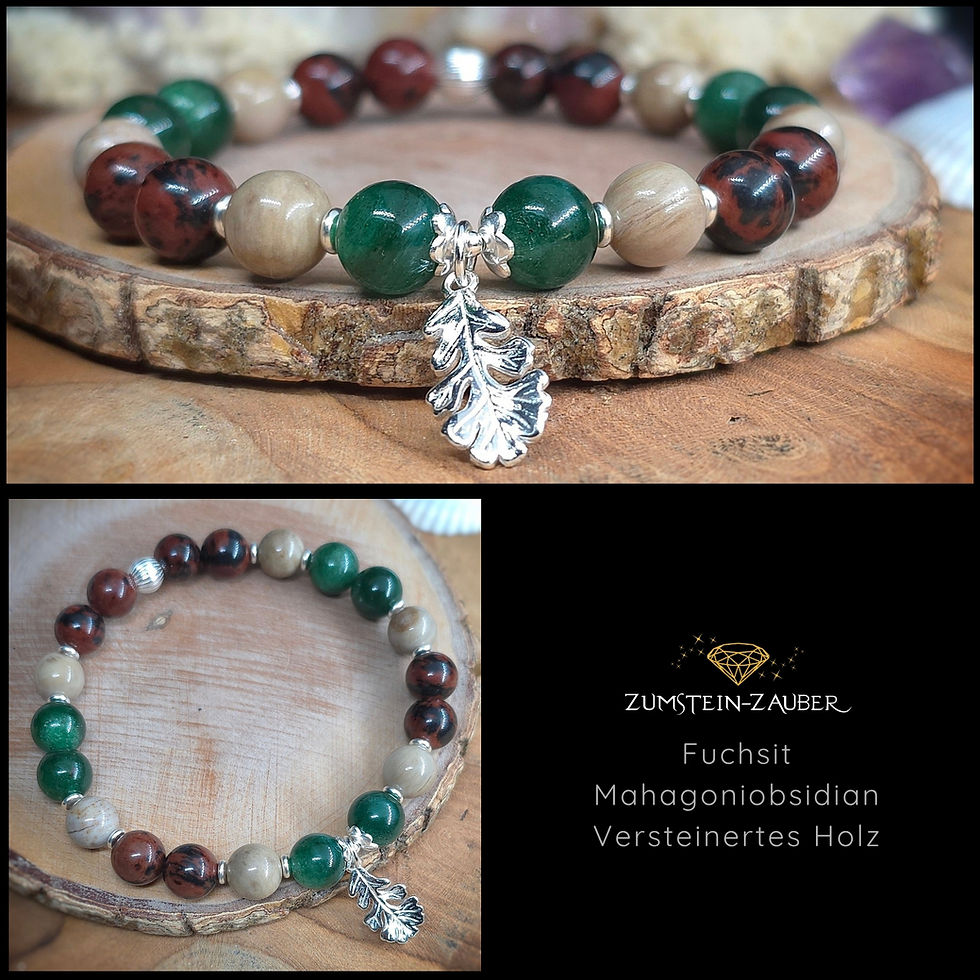 Elast Armband aus Fuchsit, Mahagoniobsidian und versteinertes Holz