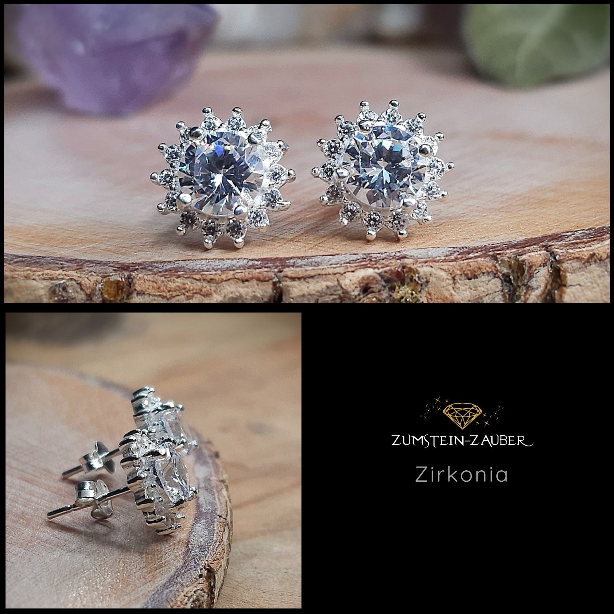 Ohrstecker aus 925er Silber mit facettiertem Zirkonia in Blumenform, Gesamtansicht – Schmuck von Zumstein-Zauber