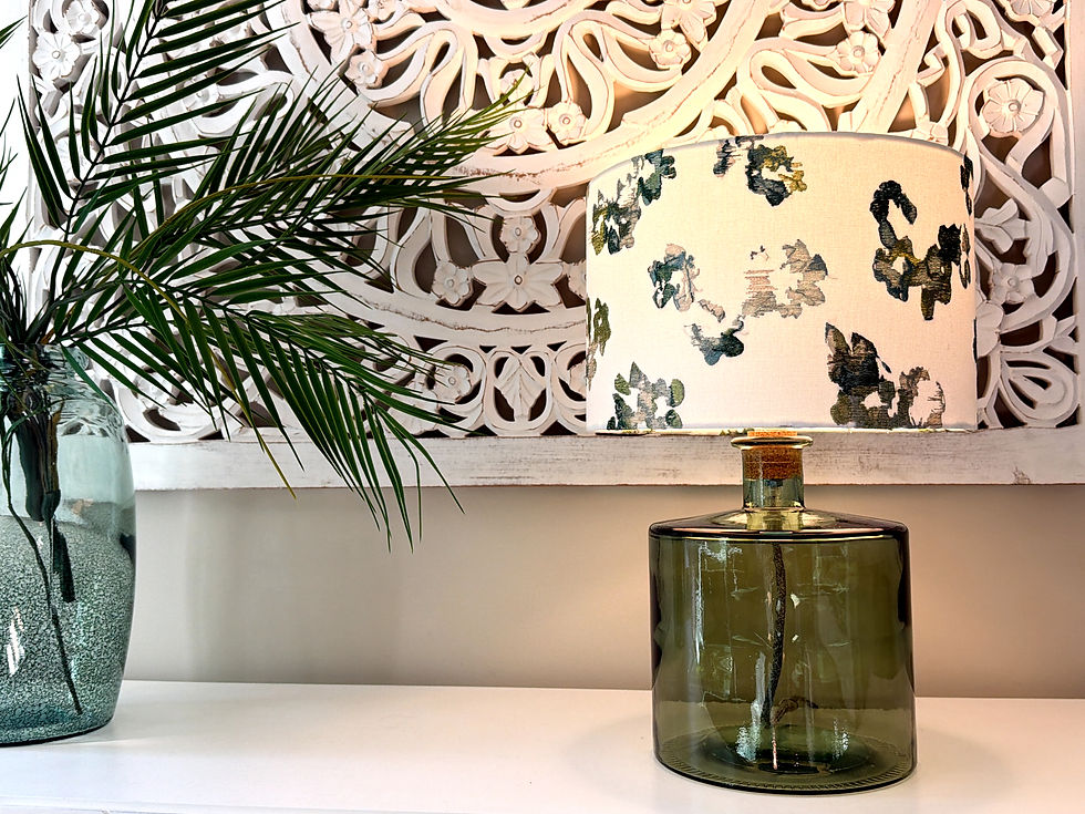 Thumbnail: khaki green glass table lamp and handmade shade lit