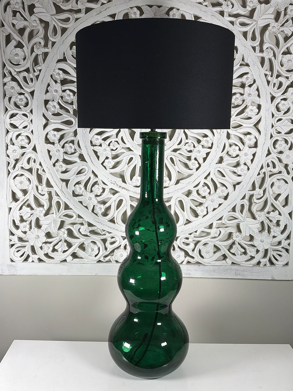Thumbnail: Green bubble glass floor lamp base with black lampshade