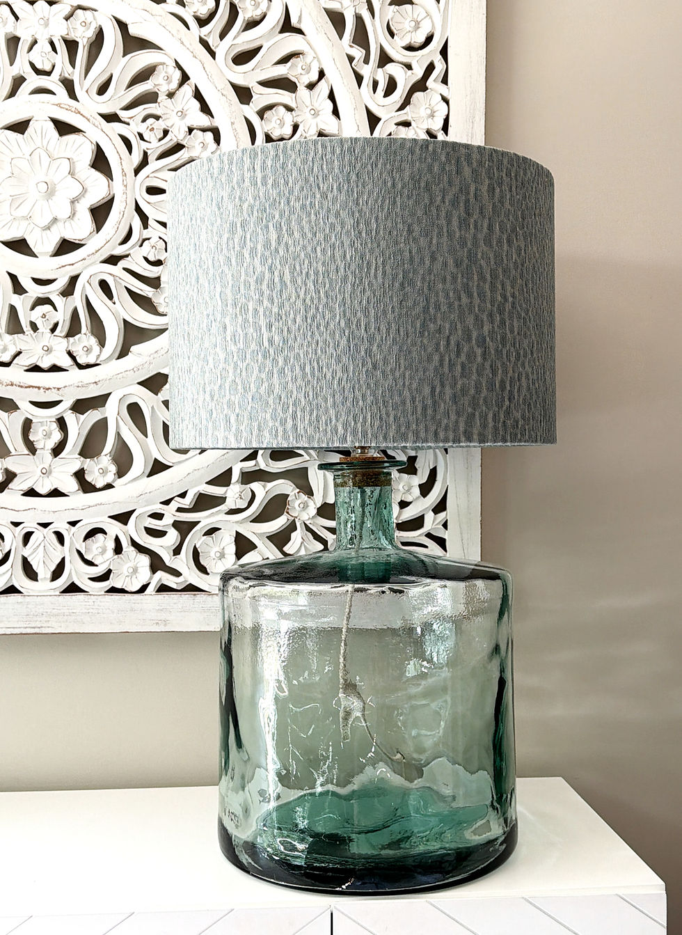 Thumbnail: contemporary grey woven lampshade on glass lamp base