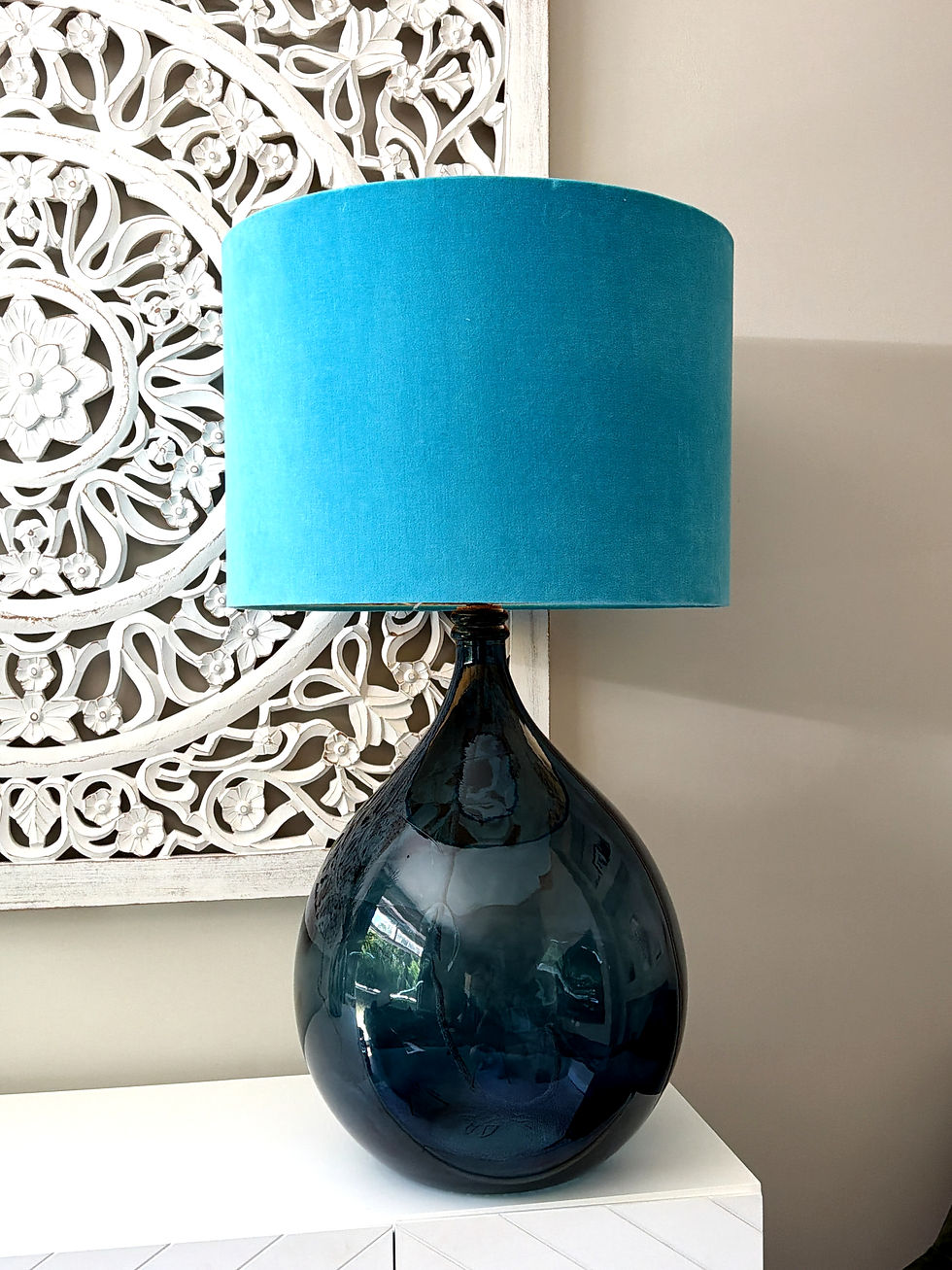XL Teardrop blue recycled glass lamp with turquoise velvet shade