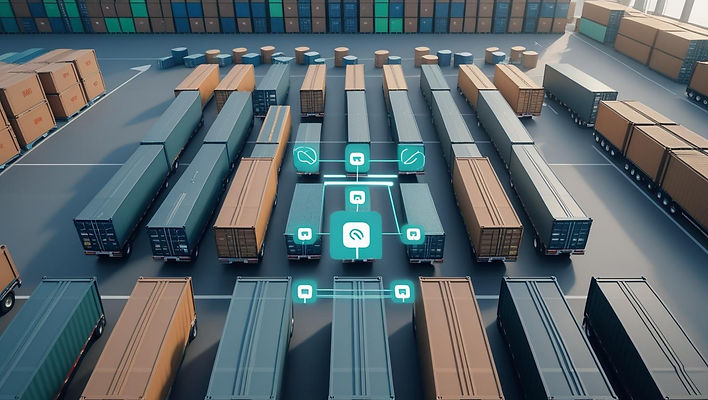 Header image with cargo trucks or containers in the background, with floating digital noti