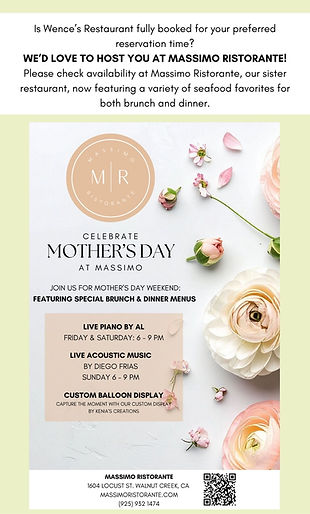 Mother’s Day promotion for Massimo Ristorante featuring special brunch and dinner menus, live piano Friday and Saturday, live acoustic music Sunday, and a custom balloon display.
Optional Extended Description (concise):
Floral-themed Mother’s Day flyer for Massimo Ristorante inviting guests to enjoy weekend brunch and dinner specials. Entertainment includes live piano Friday and Saturday from 6–9 PM and acoustic music by Diego Frias on Sunday from 6–9 PM, plus a custom balloon display. Includes location, website, phone number, and a QR code for reservations.