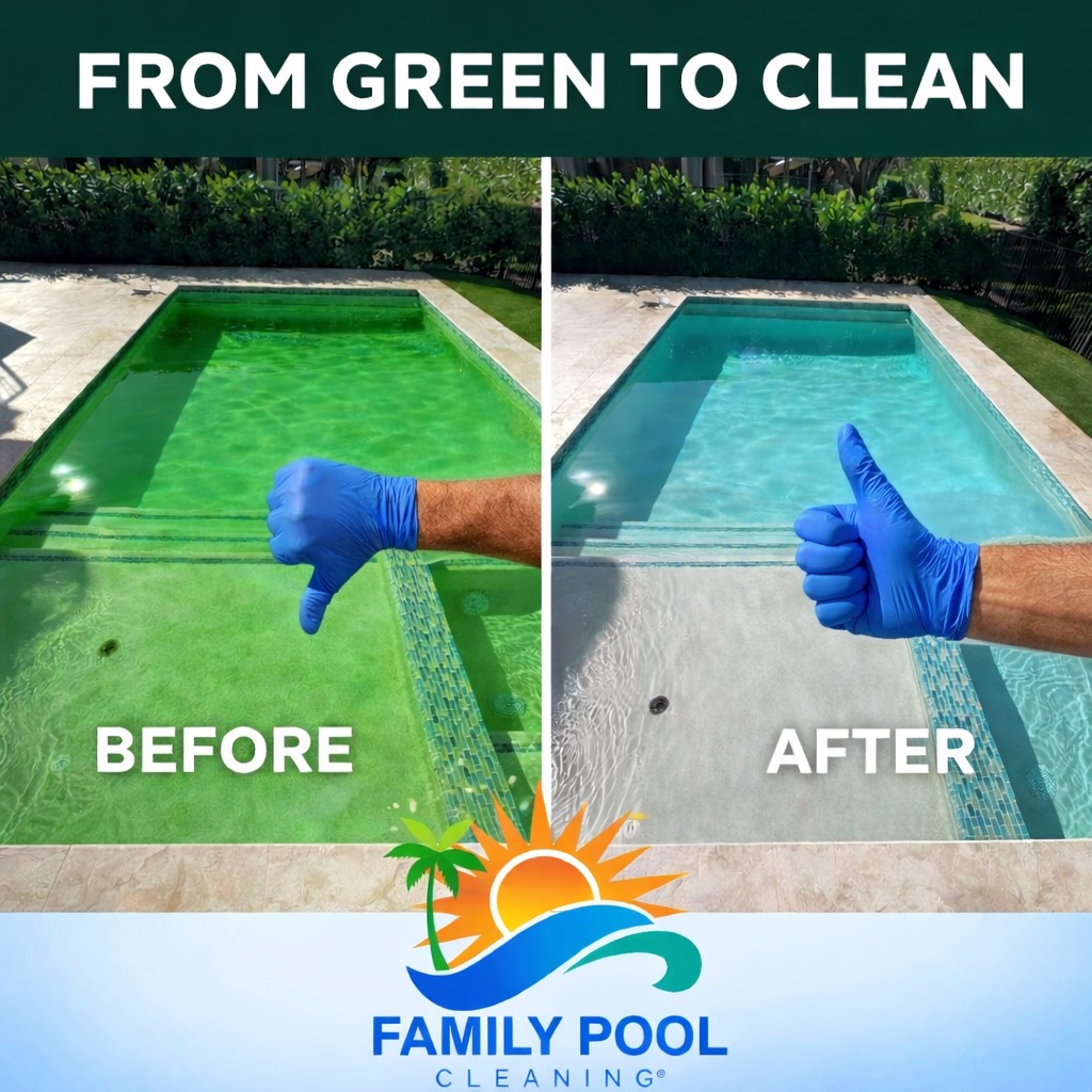 Green residential swimming pool before treatment