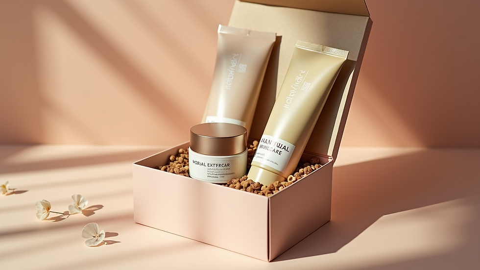 High angle view of gift box with natural skincare samples