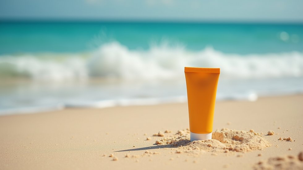 Close-up view of a tube of zinc oxide sunscreen on a sandy beach