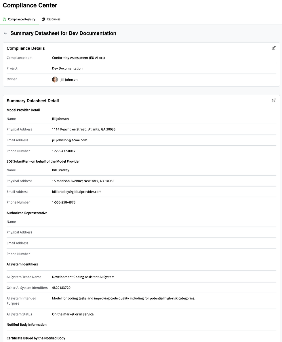 AI Guardian Platform's EU AI Act Conformity Assessment Component - Summary Datasheets (SDS)