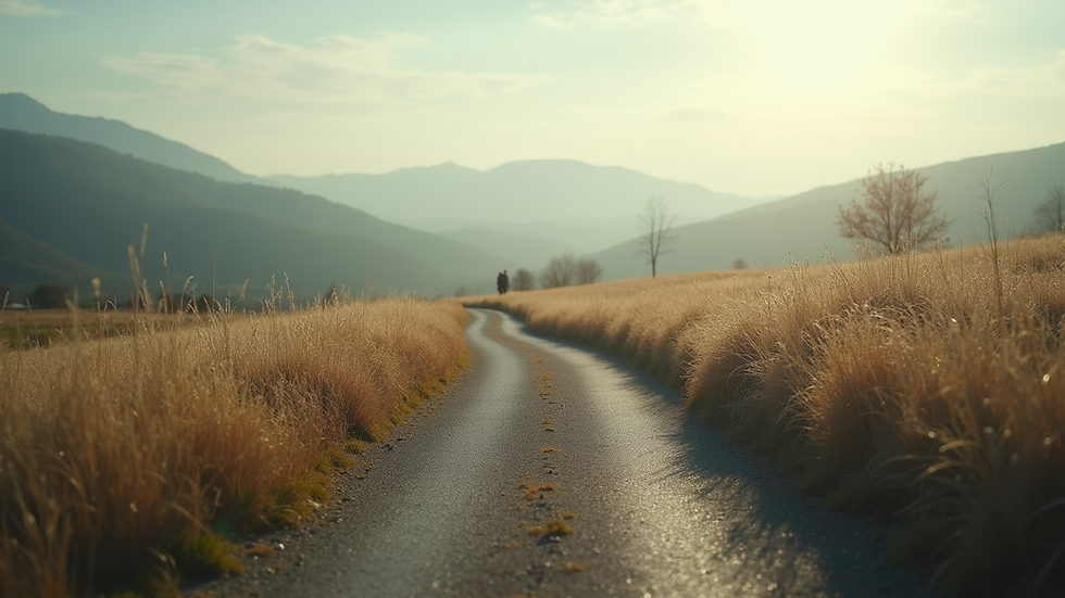 Eye-level view of a serene landscape with a winding path