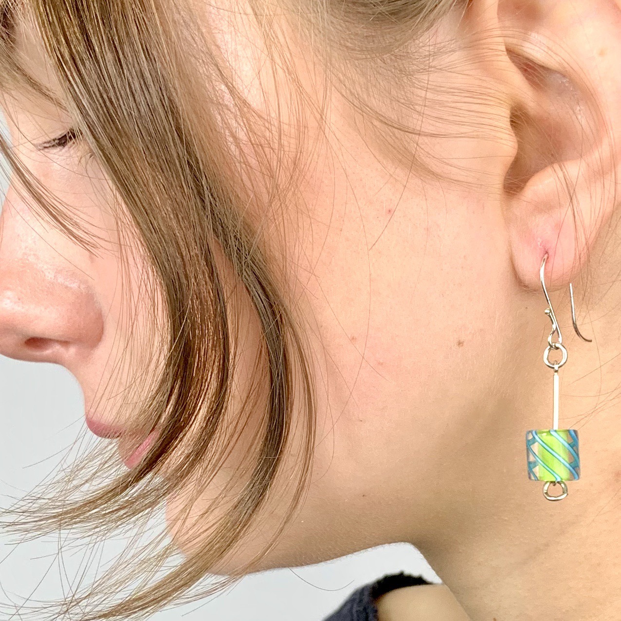 Cafe Earrings (Opaque Lime with Turquoise Stripes)