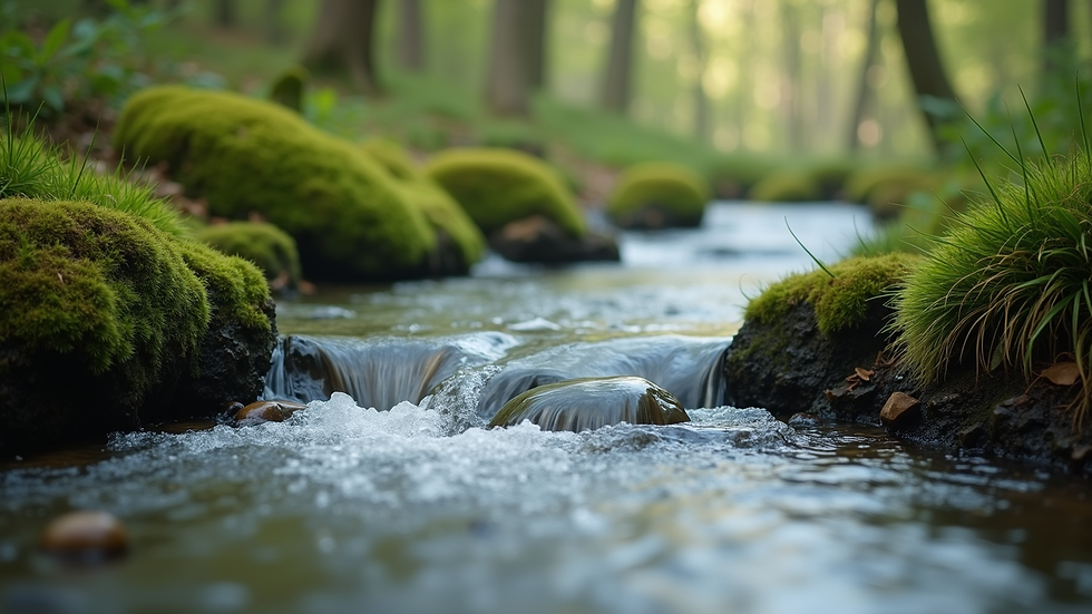 Close-up view of a serene nature scene with a flowing stream
