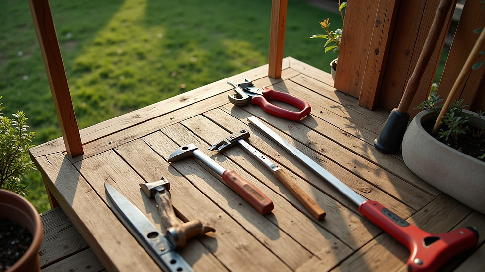 High angle view of tools and gazebo parts laid out on a wooden deck