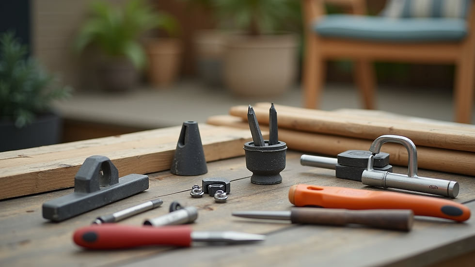 Close-up view of tools and hardware laid out for outdoor furniture assembly