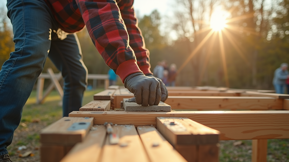 Eye-level view of a professional assembling a wooden playset outdoors