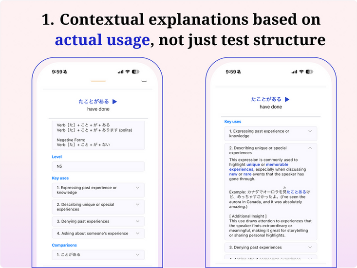 In the KaiwaBloom app, we offer contextual explanations for grammar points based on actual usage, not just test structure