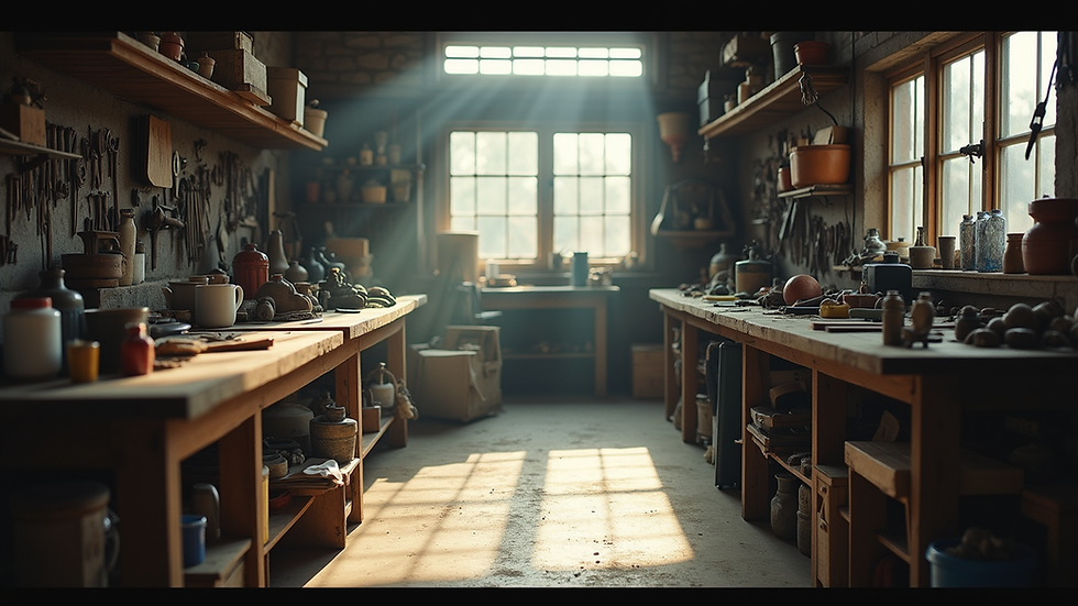 Eye-level view of a serene workshop filled with tools and natural light