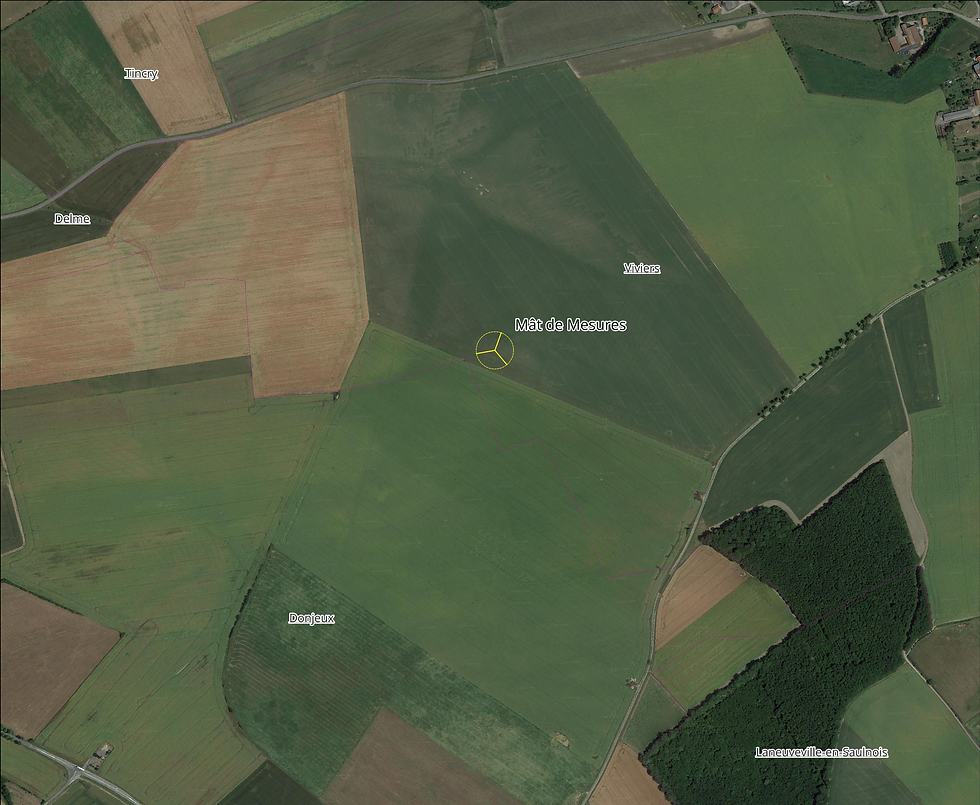 Emplacement du mât de mesures (Coordonnées WGS 84 - DMS : 6°25'8.2956" E - 48°53'12.2507"N)