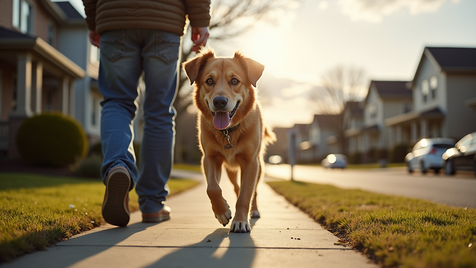 Eye-level view of a dog walking calmly beside its owner on a suburban sidewalk