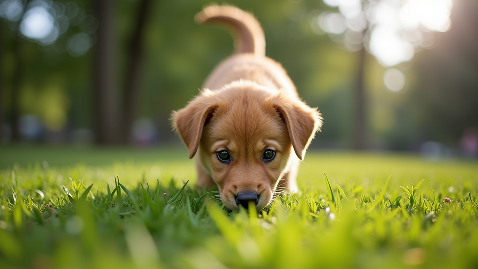 Eye-level view of a puppy sniffing grass in a park