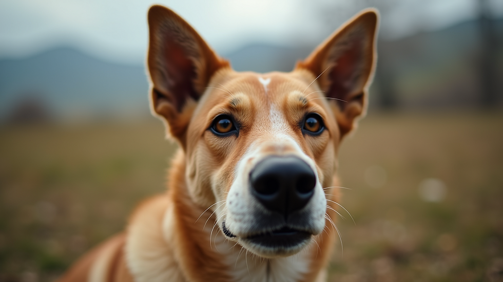 Eye-level view of a dog with ears perked up and alert
