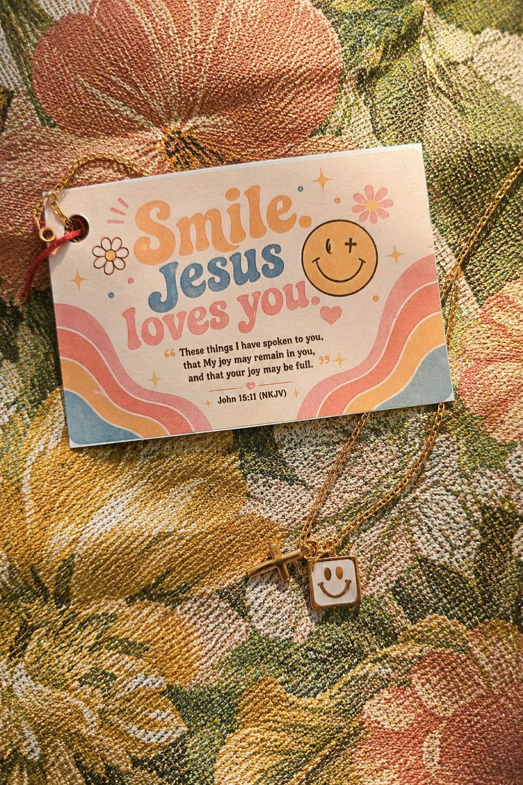 Smile Jesus Loves You! Smiley + Cross Gold Necklace