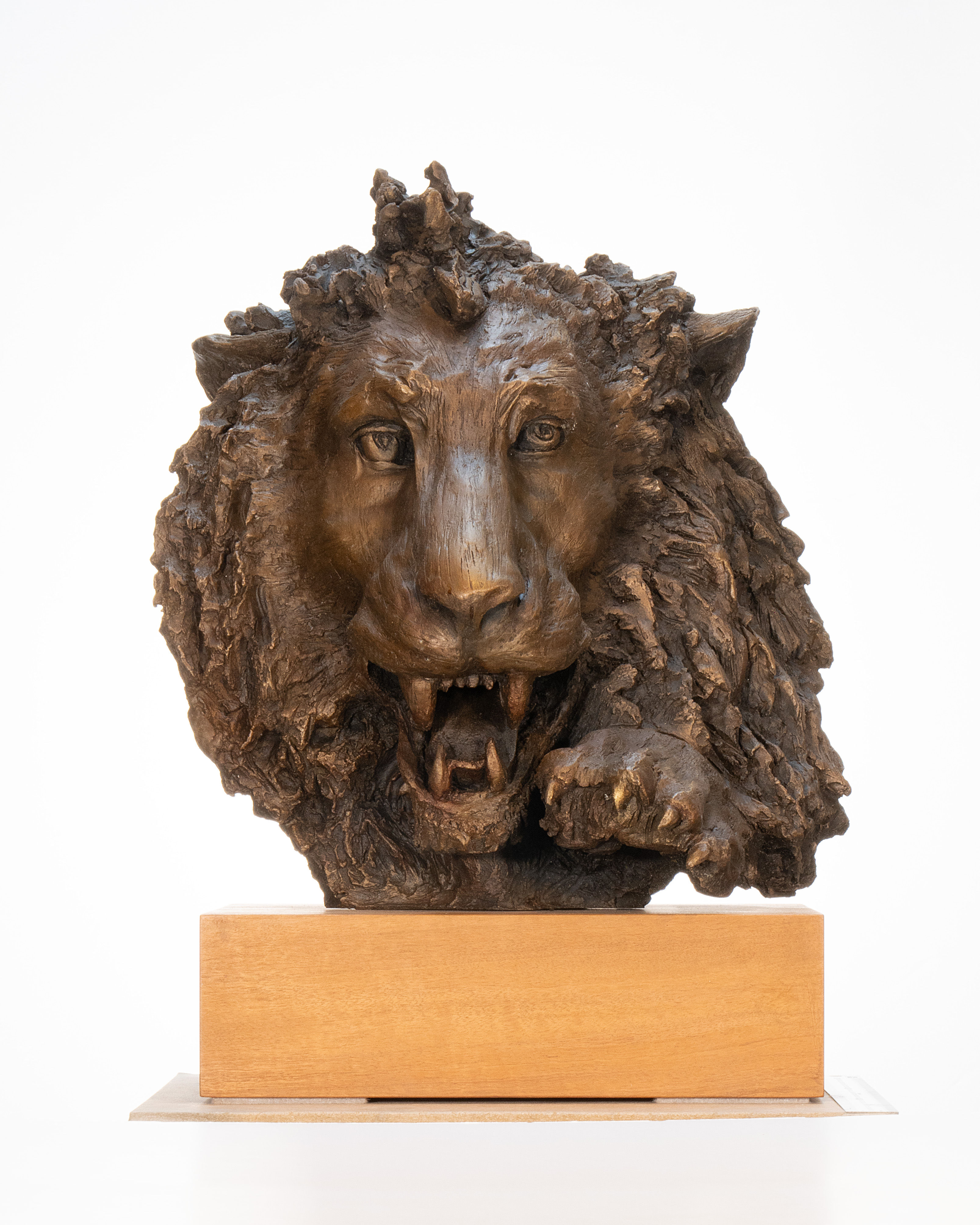 Diverse sculpture representation, front view of a male lion sculpture with a paw.