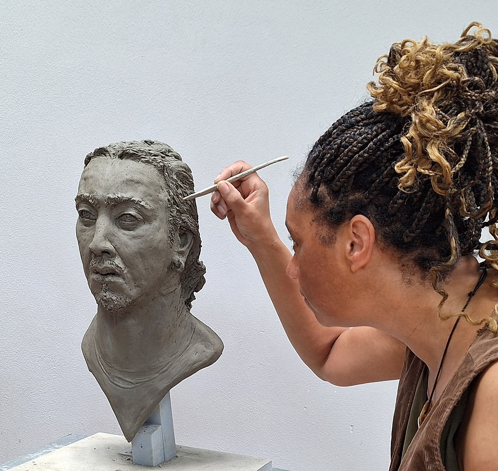 Thumbnail: Diverse sculpture representation, portrait of a male of Chinese heritage (front view) in clay , being sculpted.