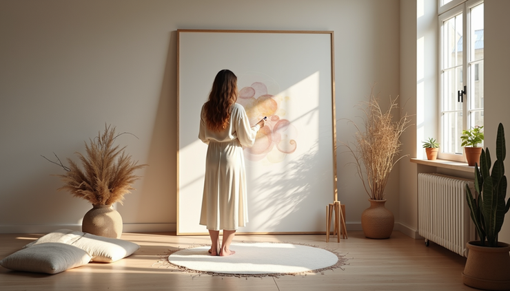 Eye-level view of a person painting abstract shapes on a large canvas in a quiet studio