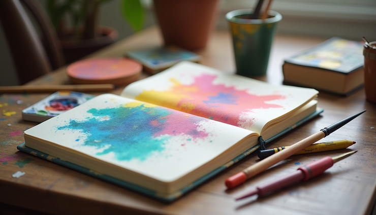 Eye-level view of a colorful art journal open on a wooden table with paintbrushes and crayons nearby