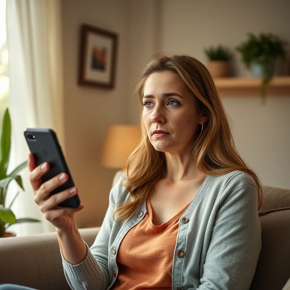 Create an image of woman homeowner in her home that is watching her phone but appears anno