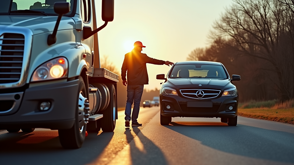 Eye-level view of a tow truck driver assisting a stranded motorist