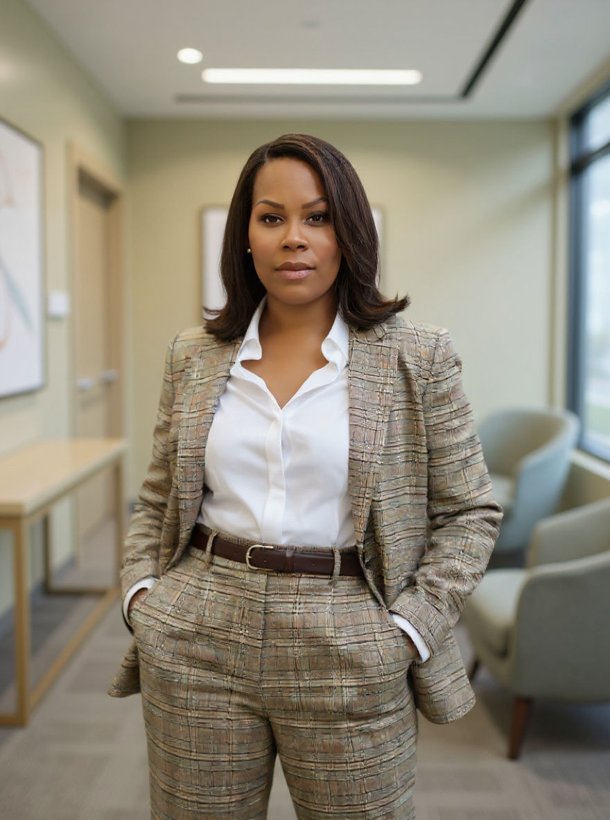 Professional portrait of Founder + Principal Advisor Darlene Coleman standing in an architectural garden setting.
