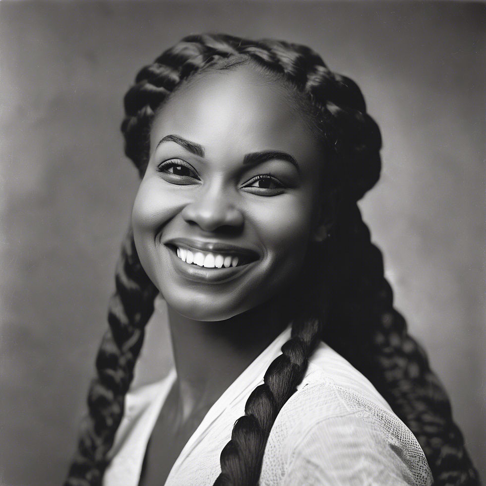 black and white portrait of a black woman, late-40's, big cheeks, a diastema in her front