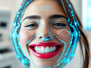 A woman smiling with glowing blue geometric patterns overlaying her face. Bright red lipstick. Blurred indoor background. Futuristic.