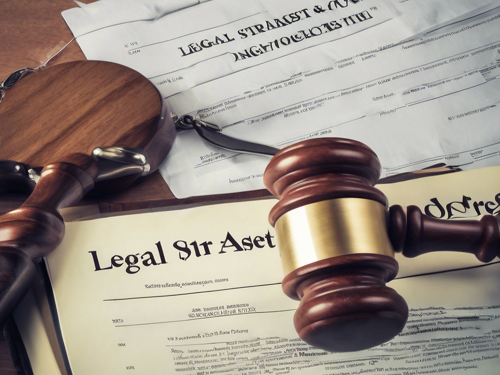 Gavel on scattered legal documents with bold "Legal Strategist" text, set on a wooden desk. Professional, formal setting.