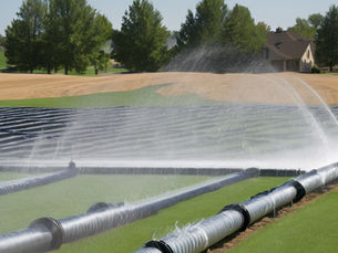 Sprinklers watering a green field with large black pipes, trees, and a house in the background under a clear blue sky.