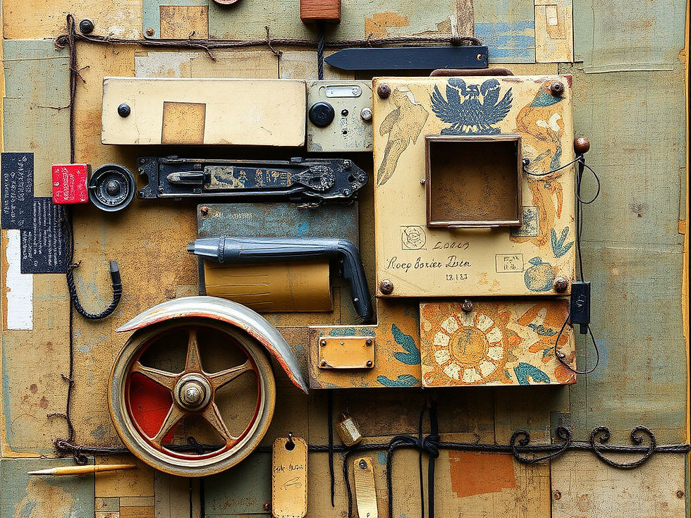 Abstract art piece with mechanical parts, a wheel, and gears on a textured, colorful background. Includes floral patterns and scribbled text.